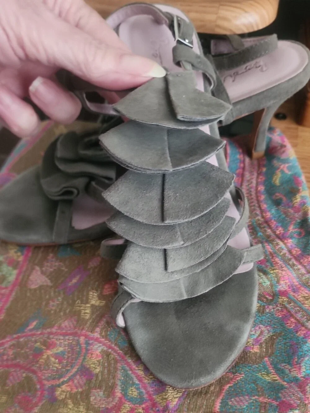 Boden Gray Ruffle Strap Heels
